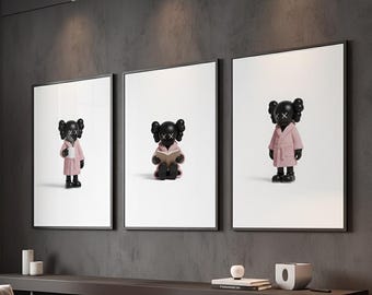 Set de 3 láminas decorativas KAWS / Bata rosa, Figura KAWS, Mañana acogedora, Decoración Hypebeast, Lámina decorativa masculina imprimible