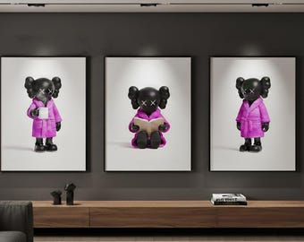 Set de 3 láminas decorativas KAWS / Bata rosa, Figura KAWS, Mañana acogedora, Decoración Hypebeast, Lámina decorativa masculina imprimible