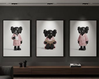 Set de 3 láminas decorativas KAWS / Bata rosa, Figura KAWS, Mañana acogedora, Decoración Hypebeast, Lámina decorativa masculina imprimible