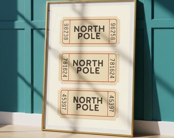 Impresión de boleto del Polo Norte, arte de pared navideño, decoración navideña retro, póster navideño vintage, verde o rojo, descarga digital imprimible