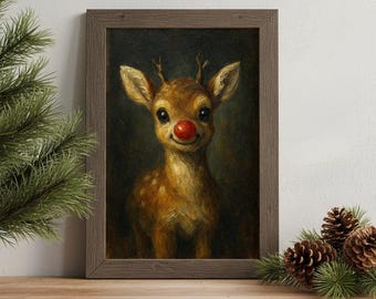 Cuadro de Rodolfo, reno, estampado adorable, ciervo navideño caprichoso, nariz roja, arte de pared navideño, póster vintage de Rodolfo, obra de arte rústica