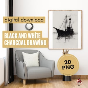 Dibujo a carboncillo en blanco y negro: póster artístico a lápiz, decoración de pared imprimible a mano, ilustración de boceto moderno