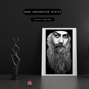Osho Portrait Druckbar | Digitale Bleistift Zeichnung | Spirituelle Meditations-Wand-Kunst | Mystische Line Art