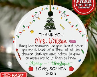 Teacher Appreciation Ornament, Personalized Teacher Christmas Gift, Custom Thank You Teacher Ornament, Educator Holiday Decor