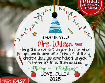 Teacher Appreciation Christmas Ornament, Personalized Educator Holiday Decor, Thank You Teacher Gift, Custom Teacher Tree Ornament