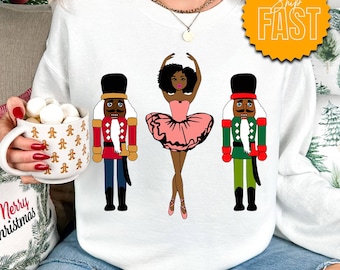 Black Ballerina Nutcracker Sweatshirt, African American Christmas Sweater, Black Dancer Holiday Crewneck, Black Girl Ballet Gift