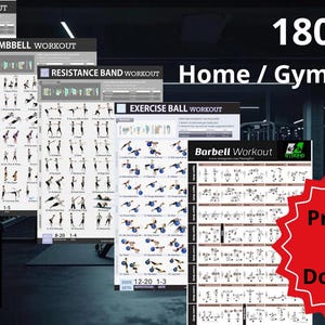 Op de afbeelding: Een set van vijf printbare trainingsposters met 180 oefeningen voor thuis of in de sportschool. De posters zijn getiteld "Eigengewichttraining", "Dumbbelltraining", "Resistance Band Training", "Oefenbaltraining" en "Barbelltraining". De posters zijn in zwart-wit en tonen stickfiguren die de oefeningen demonstreren. De posters zijn omringd door een zwart-witte achtergrond met een groen-geel logo in de linkerbenedenhoek dat "Strong Fitness Center" zegt.