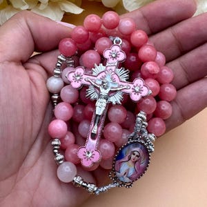 Light pink and white prayer rosary handmade with 8mm persian natural stone beads, durable silvery cord, and antique silver finished items