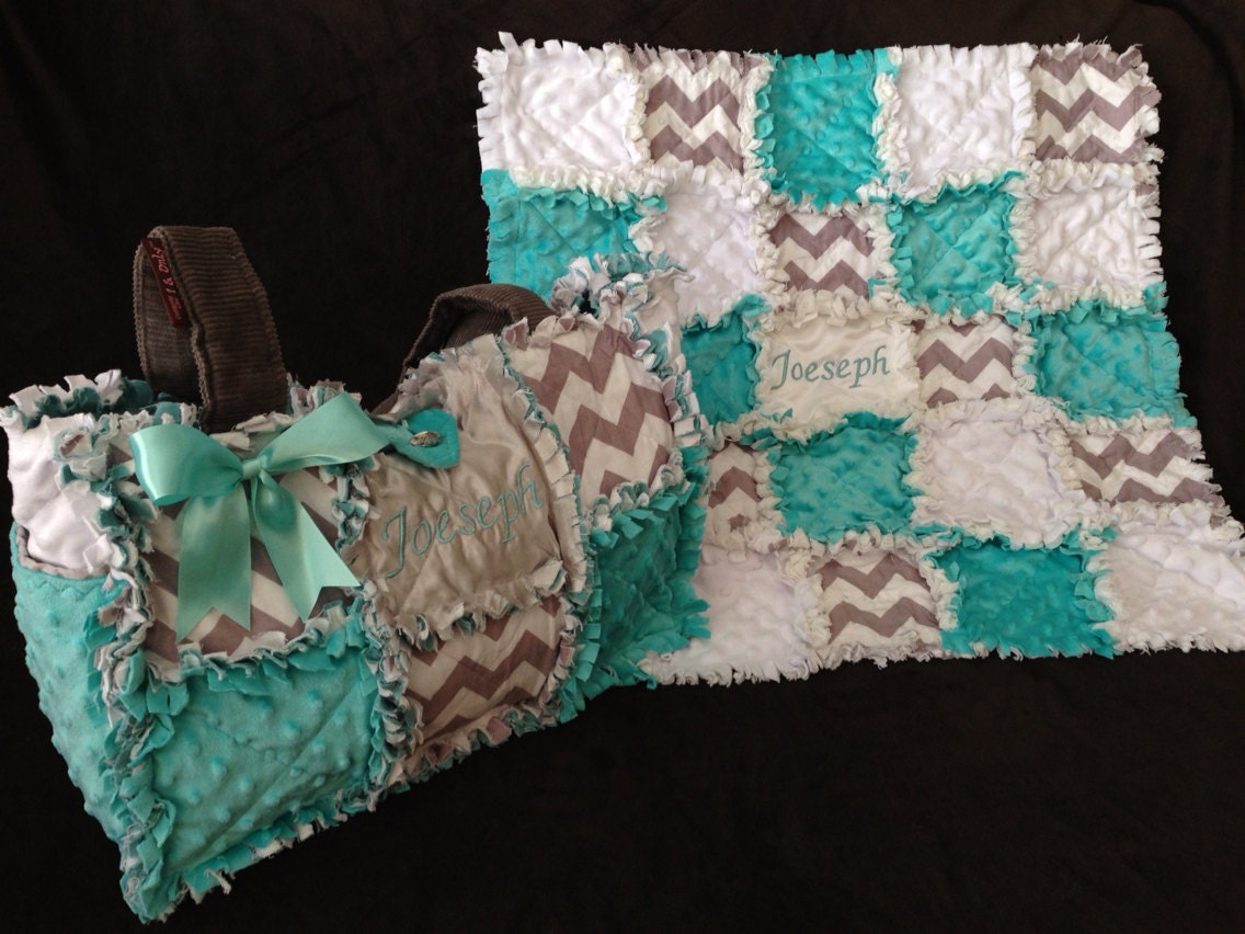 Custom made rag quilt diaper bag and quilt for baby boy or