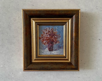 Miniature Lilac Oil Painting, Floral Still Life, Framed