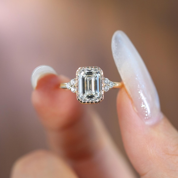 3.5 Carat Emerald Lab Diamond Engagement Ring,Vintage Inspired Bezel Setting,Retro Art Deco Ring | Statement Moissanite Wedding Promise Ring