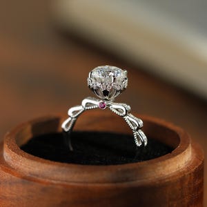 Bow Moissanite Engagement Ring,2CT Round 9K White Gold Ribbon Ring with Ruby Accent,Unique Romantic Floral Cluster Ring,Delicate Bridal Ring
