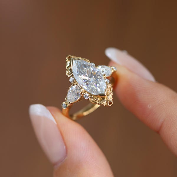 Unique Vintage Filigree Engagement Ring, 14K Gold 3 CT Marquise Moissanite Half Bezel Set Ring, Unique Design Bridal Ring, Wedding Promise