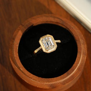 Vintage 2CT Emerald Cut Lab Grown Diamond Ring,14K Gold Vintage Rectangle Bezel Ring, Milgrain Hammered Engagement Ring,Wedding Promise Ring