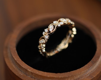 Tree Leaf Branch Twist Ring Full Eternity Engagement Band,Round Moissanite Flower Vine Stackable Ring,Nature Inspired Botanical Wedding Ring