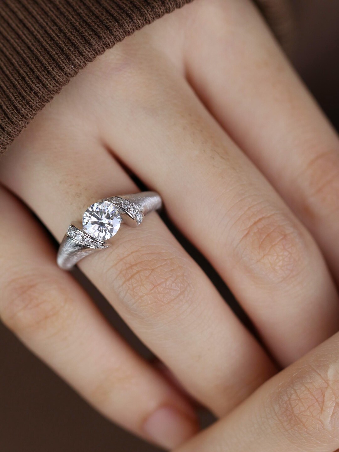 Solitaire With Ribbon Vintage 1CT Round Brushed Wide Band Solitaire Engagement Ring, Unique ...