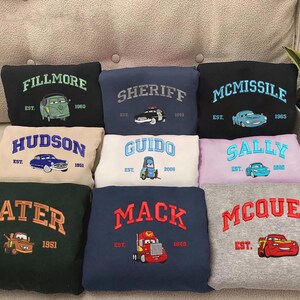 Cars Character Movie Embroidered Sweatshirt, Cartoon Sweatshirts, McQueen Sally Mater Trending Crewneck, Gift For Friends ESH130-138
