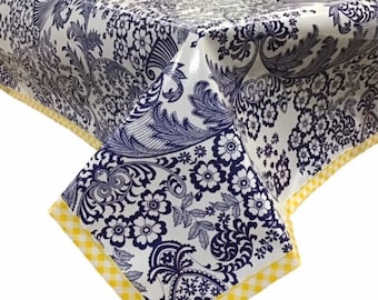 Freckled Sage Rectangular Oilcloth Tablecloth  Toile Blue