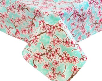 55" x 81" Cherry Blossom Aqua Oilcloth Tablecloth