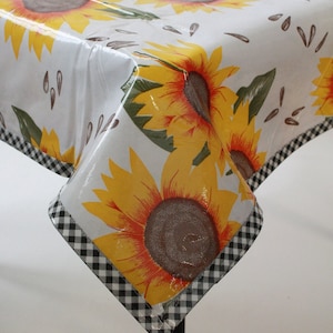 Freckled SageSquare Sunflower Oilcloth Tablecloth with Gingham Black Trim