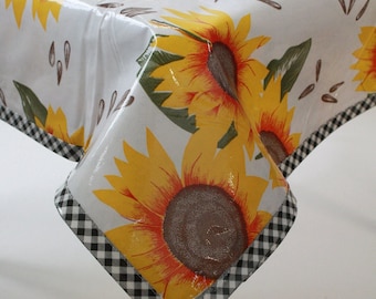 Rectangle Sunflower Oilcloth Tablecloth with Gingham Black Trim