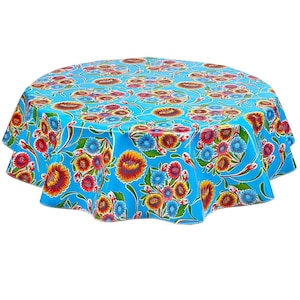 Freckled Sage Round Oilcloth Tablecloth Bloom Light Blue