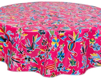 68" Round Oilcloth Tablecloth in Animal Wonderland Pink