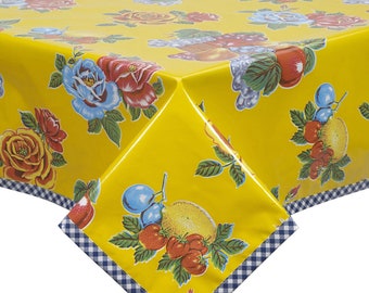 Oilcloth Tablecloth Rectangular Lemons and Roses on Yellow