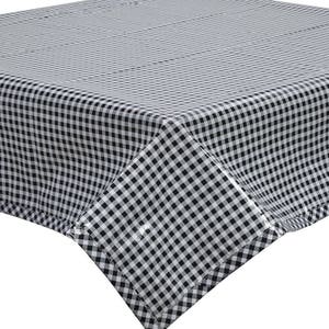 May include: A square tablecloth featuring a classic black and white gingham check pattern. The fabric has a smooth, slightly glossy finish and is draped over a corner, showing the hemmed edges and the consistent grid design across the surface.