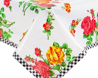 Roses on White with Black Gingham Trim Oilcloth Tablecloths