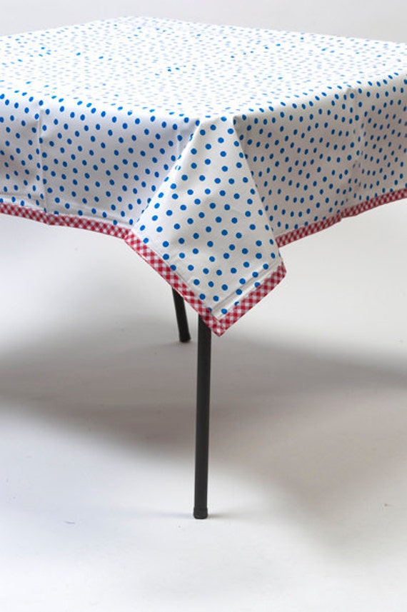 Items similar to Rectangle Dot Blue Oilcloth Tablecloths with Red
