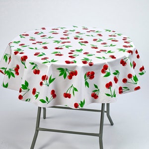 Freckled Sage Round Cherry White Oilcloth Tablecloth You Pick The Size