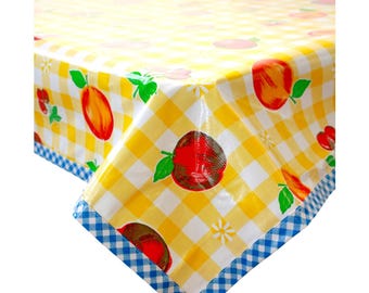 70" x 102" Fruit and Gingham Yellow Oilcloth Tablecloth