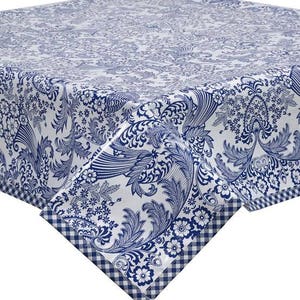 Freckled Sage Rectangular Oilcloth Tablecloth  Toile Blue