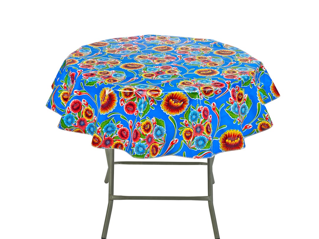 Large Round Oilcloth Tablecloth Bloom Royal Blue Etsy Italia
