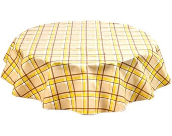 60" Round Plaid Tan Yellow Brown Oilcloth Tablecloth
