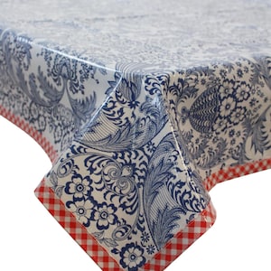 Rectangular Oilcloth tablecloth in Toile Blue with Red Gingham Trim