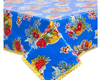 57.5" x 83" Flower Basket Blue Oilcloth Tablecloth