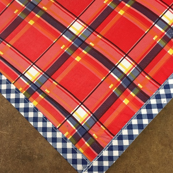 Square Plaid Red and Blue Oilcloth Tablecloth with Navy Gingham Trim