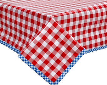 Freckled Sage Oilcloth Tablecloth Mum Blue Oilcloth Tablecloth with Yellow Gingham Trim 48x48 Freckled Sage Oilcloth Tablecloth Mum Blue Oilcloth Tablecloth with Yellow Gingham Trim 48x48