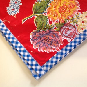 Rectangle Mum Red Oilcloth Tablecloth with Blue Gingham Trim