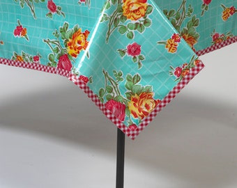 Freckled Sage Rectangular Rose and Grid Aqua Oilcloth Tablecloth You Pick the Size