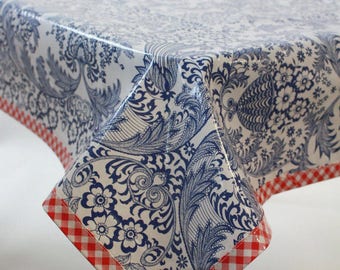 Rectangle Toile Blue Oilcloth Tablecloth with Red Gingham Trim