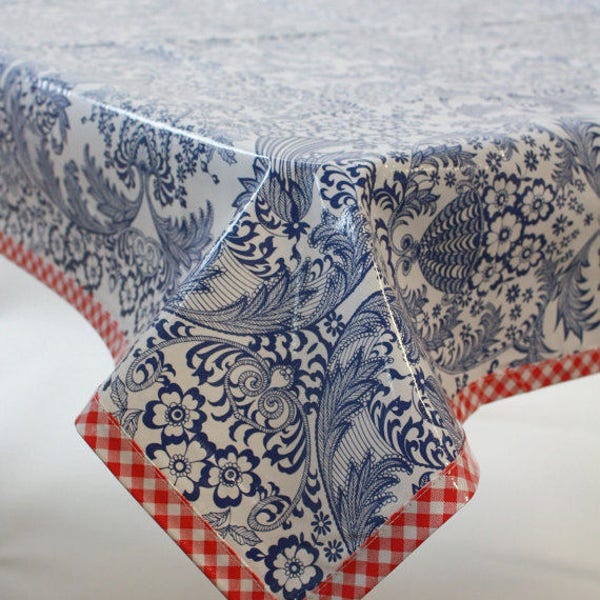 Rectangle Toile Blue Oilcloth Tablecloth with Red Gingham Trim