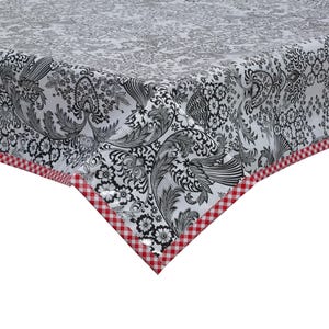 Freckled Sage Rectangle Toile Black Oilcloth Tablecloth with Red Gingham Trim