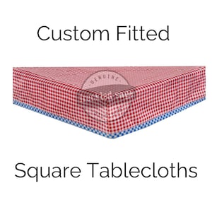 May include: Custom fitted square tablecloths in red and white gingham with a blue trim. The tablecloth is made of a durable fabric and is perfect for any occasion.
