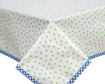48 x 50  Dot Lime with Blue Gingham trim  Oilcloth Tablecloth