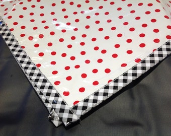 Rectangular Dot Red Oilcloth Tablecloth with Black Gingham Trim