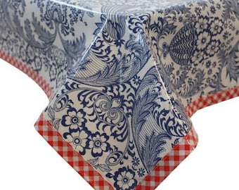 Rectangular Oilcloth tablecloth in Toile Blue with Red Gingham Trim