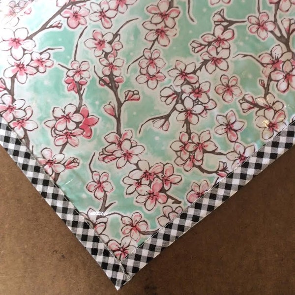 Oilcloth Tablecloth Rectangular Cherry Blossom Aqua  with Black Gingham Trim